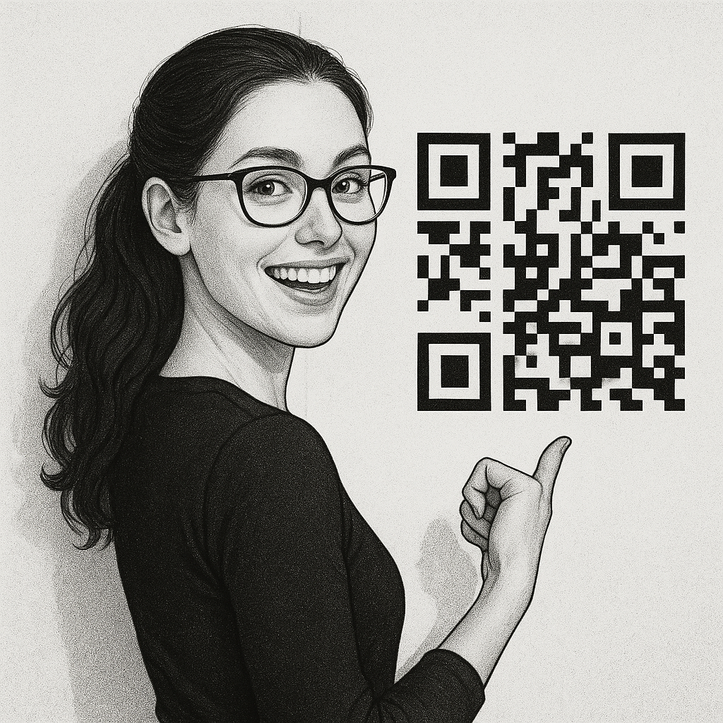 Smiling person pointing at a large QR code